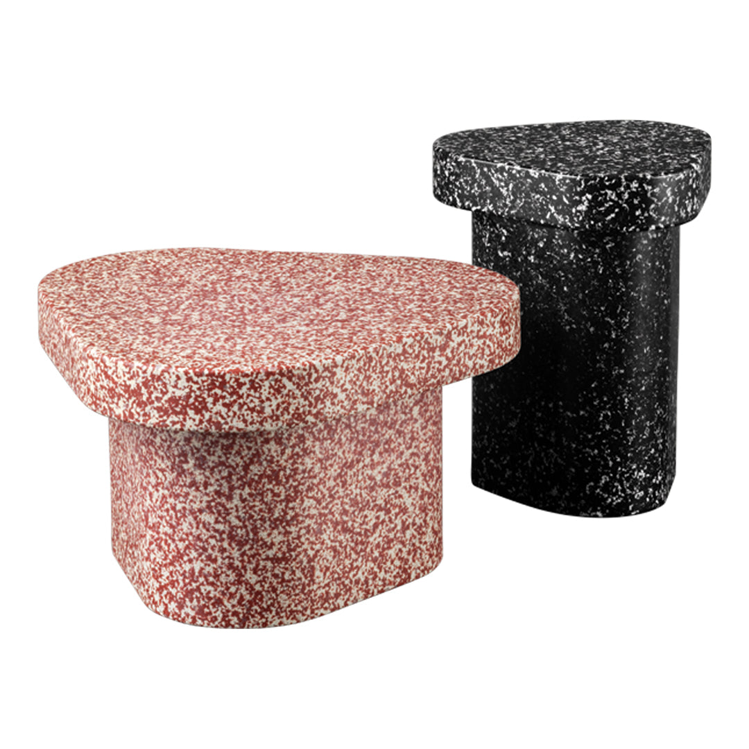 Colorful speckled table set featuring pink and black terrazzo patterns for a modern aesthetic.