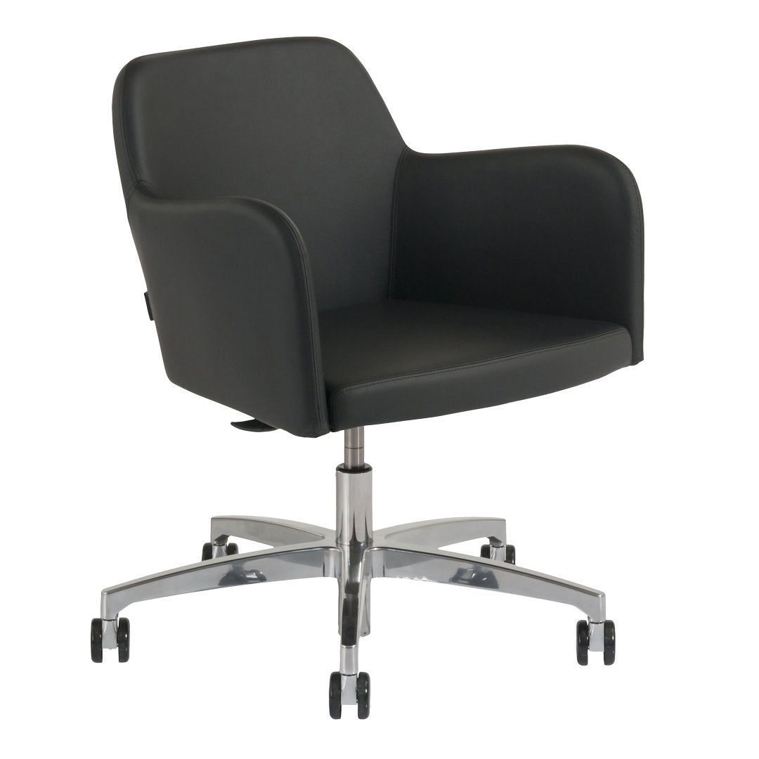 Black upholstered swivel chair with sleek chrome base. Modern design for stylish home or office decor.