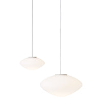 White modern pendant lights with sleek, smooth surfaces in two sizes. Minimalist design for contemporary decor.