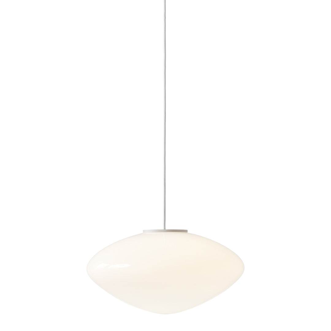 White pendant lamp with a smooth, elegant shape hanging from a thin cable against a clean background.