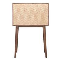 Light wood herringbone pattern on drawer front, complemented by a dark wooden frame and legs.