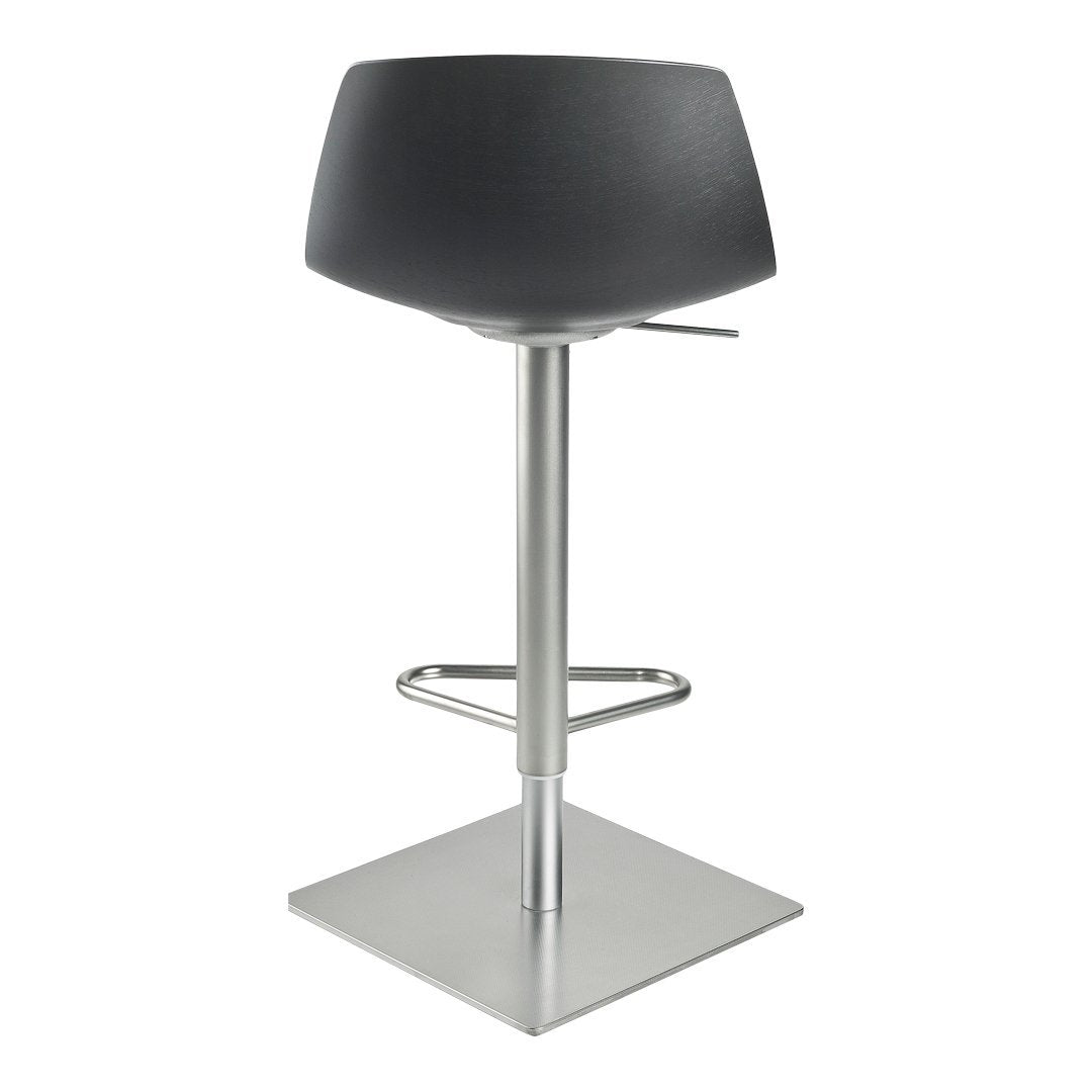 Black curved bar stool with a sleek silver base. Modern design with a minimalist aesthetic. Perfect for contemporary spaces.