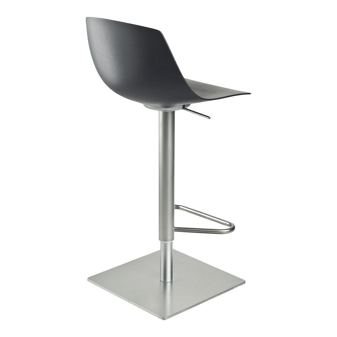 Sleek black bar stool with a modern silver base and minimalist design, perfect for contemporary spaces.