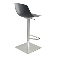 Sleek black bar stool with a modern silver base and minimalist design, perfect for contemporary spaces.