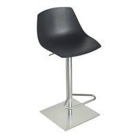 Black bar stool with a sleek, curved seat and shiny silver base, perfect for modern interiors.