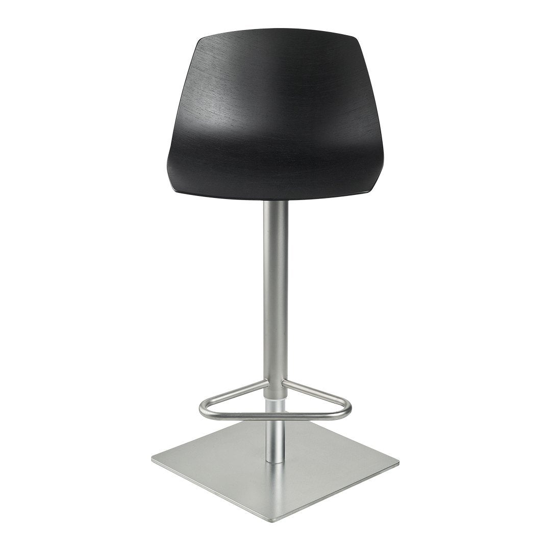 Black seat with sleek lines on a silver pedestal base, perfect for modern decor.