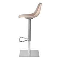 Beige cushioned bar stool with a sleek silver base, featuring a modern, minimalist design.