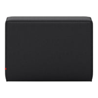 Stylish black upholstered ottoman with a sleek, modern design. Smooth texture and minimalist look enhance any space.