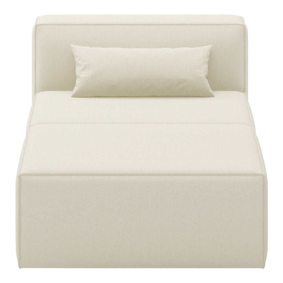 Cream-colored daybed with a smooth fabric texture and minimalist design, featuring a matching bolster pillow.