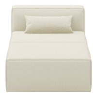 Cream-colored daybed with a smooth fabric texture and minimalist design, featuring a matching bolster pillow.