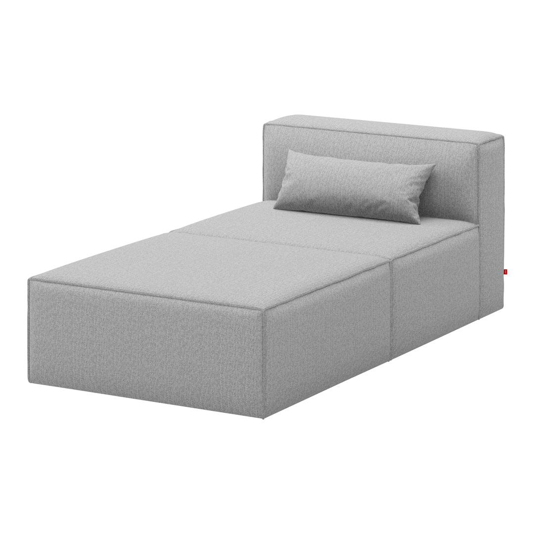 Light gray upholstered bed with a smooth, minimalist design and a matching bolster pillow for added comfort.