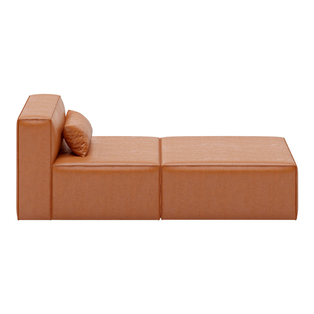 Tan leather modular sofa with smooth texture and minimalist design, featuring a subtle backrest cushion.