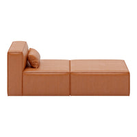 Tan leather modular sofa with smooth texture and minimalist design, featuring a subtle backrest cushion.