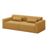 Tan modern sofa with clean lines and solid color, featuring two back cushions for added comfort.