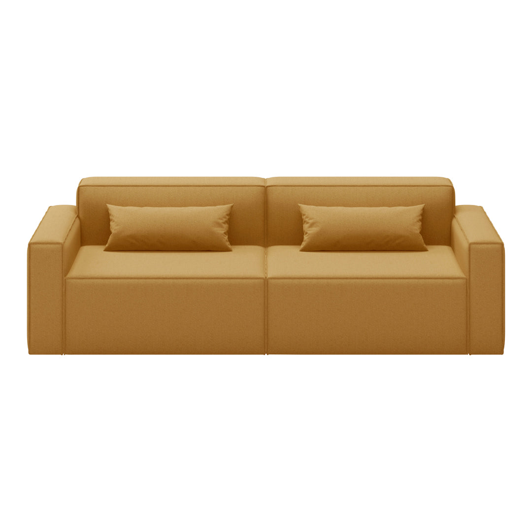 Stylish yellow sofa with a smooth fabric finish and two matching cushions, perfect for modern living spaces.