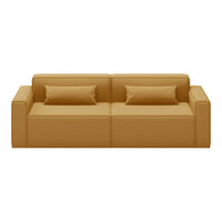 Stylish yellow sofa with a smooth fabric finish and two matching cushions, perfect for modern living spaces.