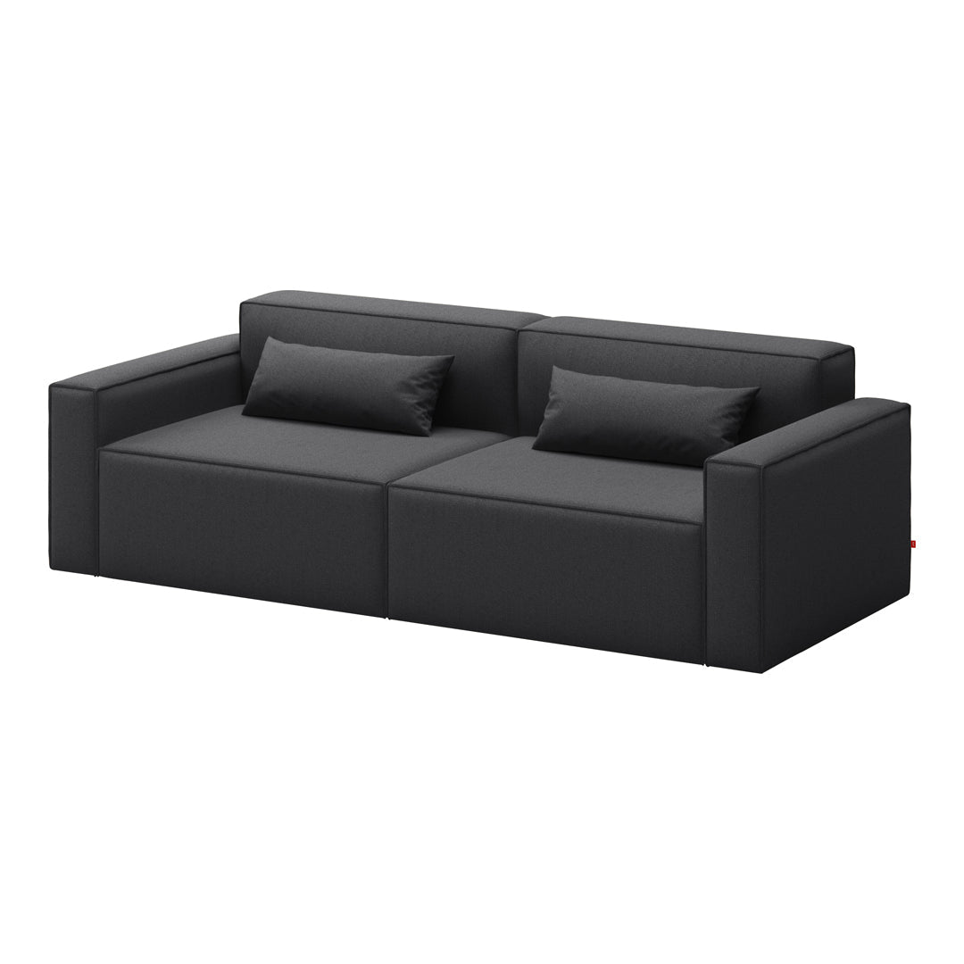 Black minimalist sofa with clean lines and plush cushions, perfect for modern living spaces.