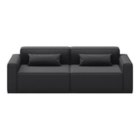 Stylish modern black sofa with sleek lines and minimalistic design, featuring two soft accent pillows.