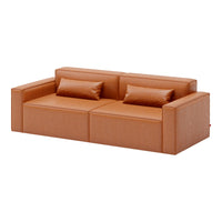 Soft brown leather sofa with a modern design, featuring smooth cushions and sleek rectangular shape.