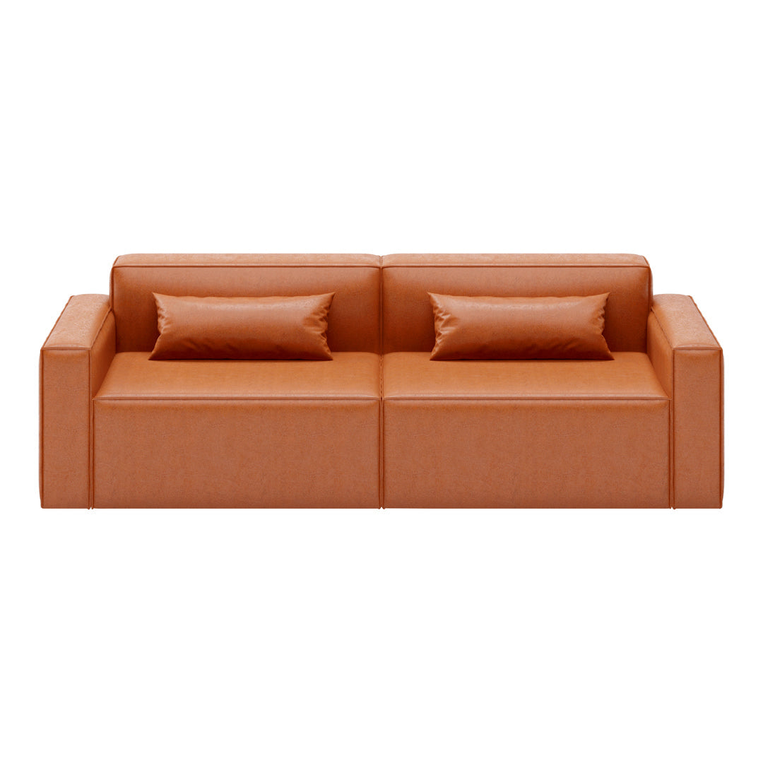 Rust orange modern sofa with smooth texture and two matching throw pillows. Minimalist design with clean lines.