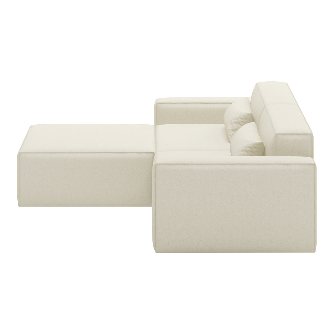 Cream-colored modern sofa with minimalist design, featuring a sleek, solid surface and subtle cushion detailing.