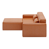 Modern brown leather sofa with a sleek design and smooth texture, featuring a minimalist, blocky silhouette.