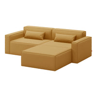 Tan modular sofa with clean lines and minimalist design, featuring smooth fabric and contemporary style.