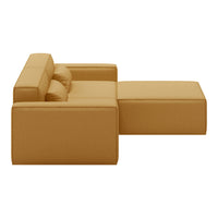 Modern mustard yellow sectional sofa with clean lines and smooth texture, perfect for stylish living spaces.