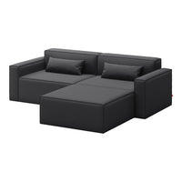 Modern black sectional sofa with clean lines and textured fabric, featuring minimalistic design and matching cushions.
