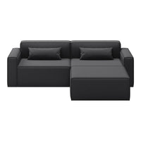 Black contemporary sectional sofa with smooth fabric and simple, clean lines. Includes matching pillows for added comfort.