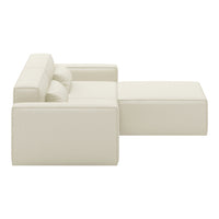 Cream-colored sectional sofa with a minimalist design, featuring smooth, clean lines and no visible patterns.