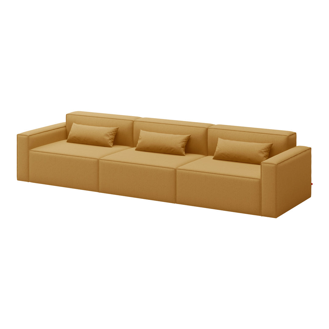 Modern sofa in warm caramel color with smooth, minimalist design and plush, rectangular cushions. Perfect for any living space.