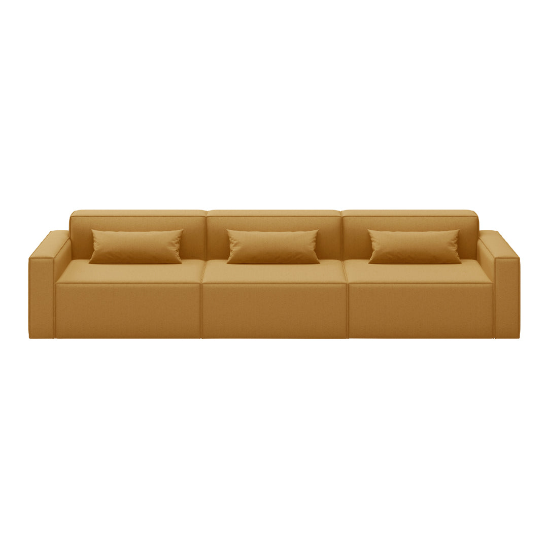 "Modern tan sofa with two matching cushions, featuring a clean, minimalistic design."