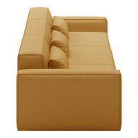 Stylish mustard yellow sofa with a sleek design and three plush cushions, perfect for modern living spaces.