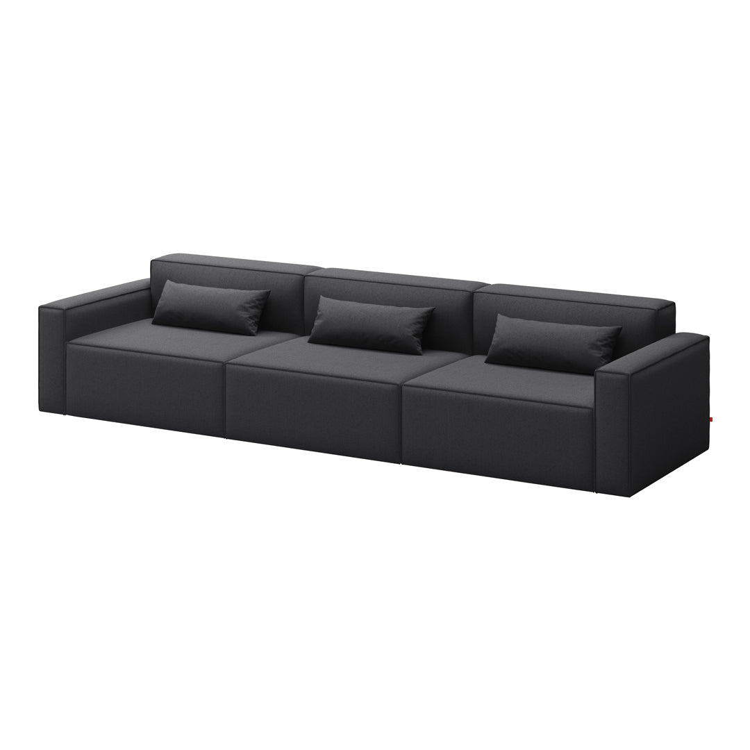 Black modern sofa with clean lines and textured fabric, featuring plush cushions for added comfort.