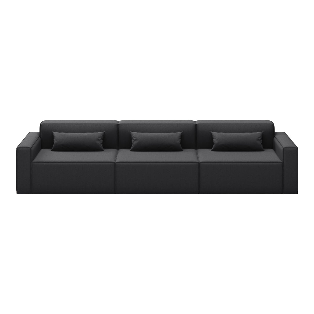Stylish black sofa with clean lines and smooth texture, featuring plush, color-matching accent pillows.