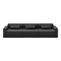 Stylish black sofa with clean lines and smooth texture, featuring plush, color-matching accent pillows.