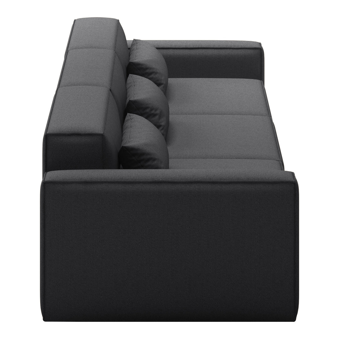 Modern black sofa with a sleek, minimalist design and three cushioned backrests. Ideal for contemporary decor.