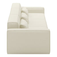 Cream-colored sofa with solid fabric and three plush cushions, showcasing a modern minimalist design.