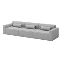 Gray contemporary sofa with clean lines and three plush cushions, perfect for modern living spaces.