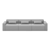 Modern gray sofa with clean lines and three spacious sections, featuring matching accent pillows.