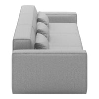 Gray upholstered sofa with smooth texture and minimalist design, featuring three plush back cushions.