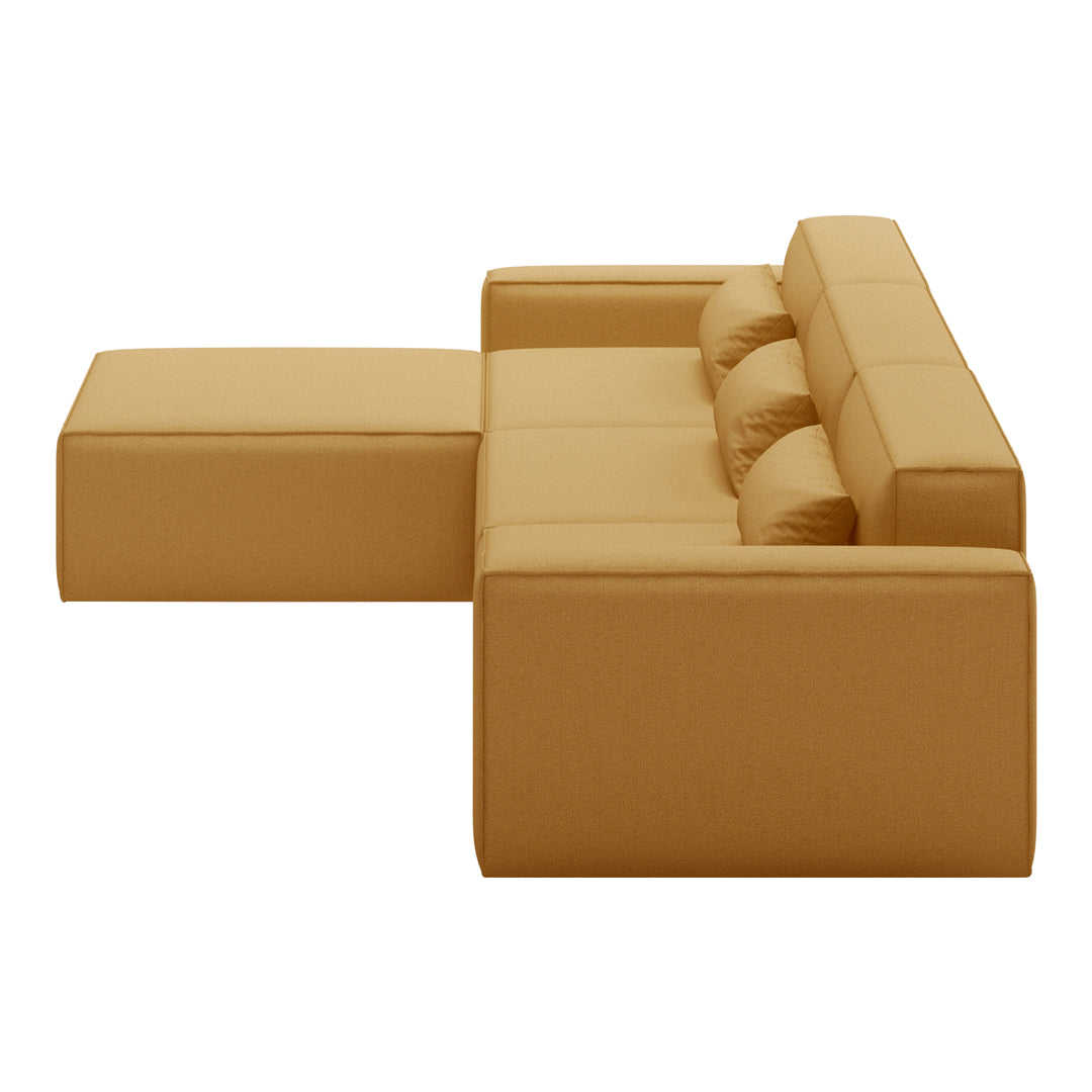 Mustard yellow modern sofa with clean lines and three plush back cushions. Stylish and contemporary design for any space.