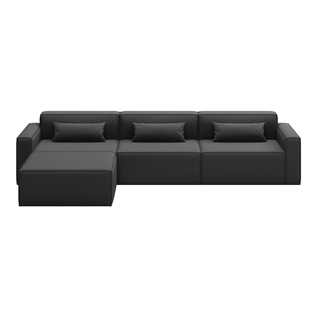 Black sectional sofa with smooth fabric finish and subtle cushion texture, perfect for modern living spaces.