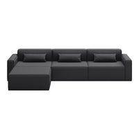 Black sectional sofa with smooth fabric finish and subtle cushion texture, perfect for modern living spaces.