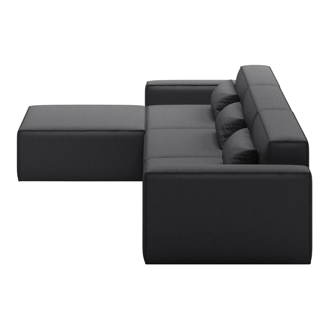 Modern black sofa with clean lines and three plush cushions, offering a sleek and stylish look. Perfect for contemporary spaces.