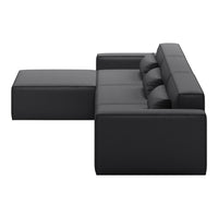 Modern black sofa with clean lines and three plush cushions, offering a sleek and stylish look. Perfect for contemporary spaces.