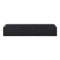 Modern black sofa with sleek, minimalist design and smooth fabric texture, perfect for contemporary living spaces.