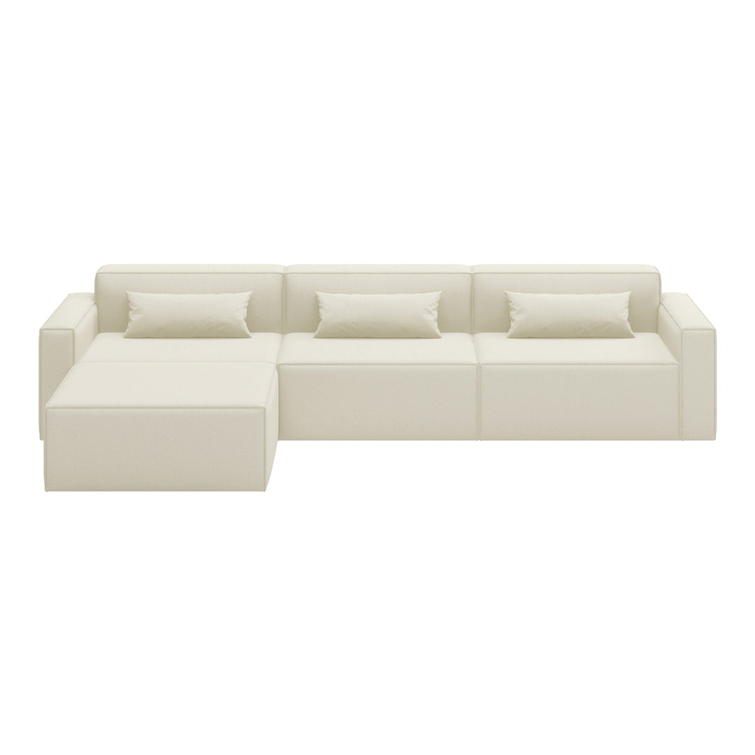 Cream-colored sectional sofa with a sleek, modern design and subtle pattern accents. Perfect for contemporary spaces.