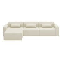 Cream-colored sectional sofa with a sleek, modern design and subtle pattern accents. Perfect for contemporary spaces.
